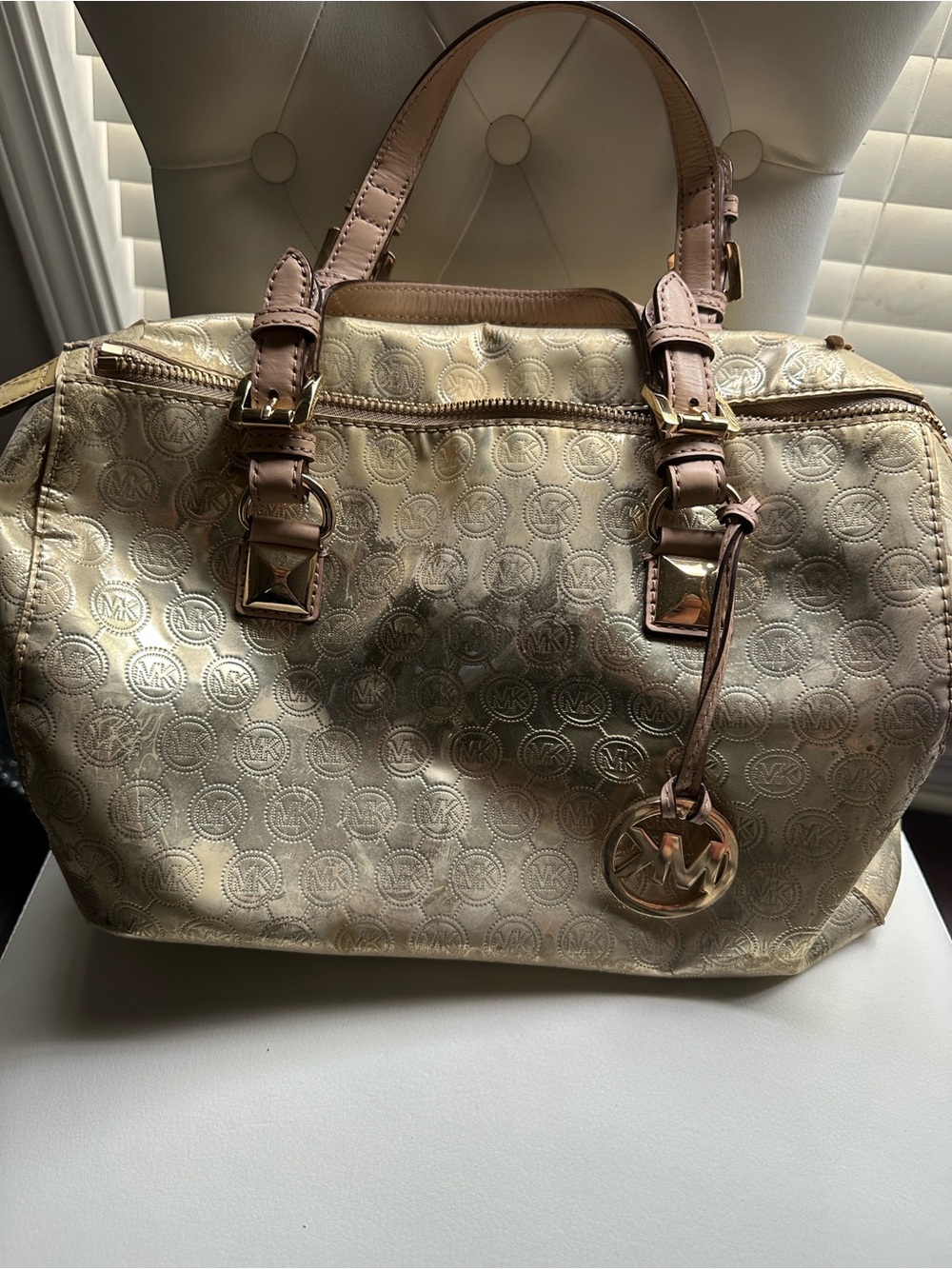 Michael Kors Gold Logo Satchel with Tan Handles